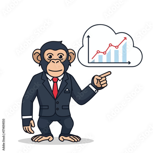 A confident businessman in a suit with a green growth graph on his hand illustrates a concept of financial success and market growth