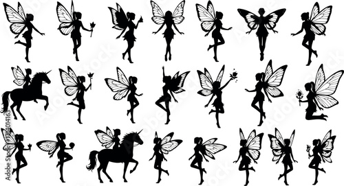 Vector art of silhouettes of fairies and unicorns in various poses