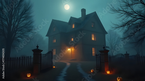 Abandoned gothic house glowing faintly through heavy mist pumpkins flickering at the gates