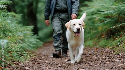 Man and his labrador dog enjoying a walk on a peaceful forest trail