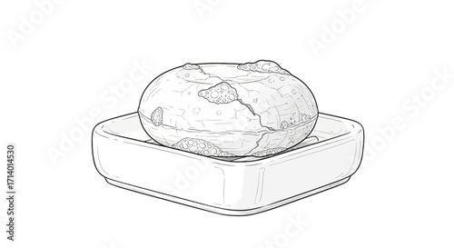 Line Art of Crackled Ceramic Sphere on a Dish