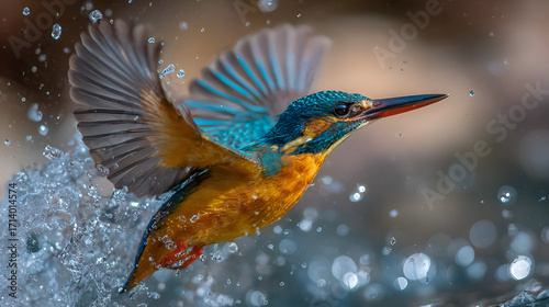 A kingfisher bird flying above water with wings spread and water droplets around it in nature