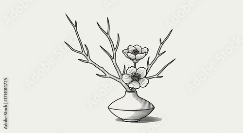 Minimalist Floral Arrangement A Delicate Ink Illustration of Branches and Blossoms in a Ceramic Vase