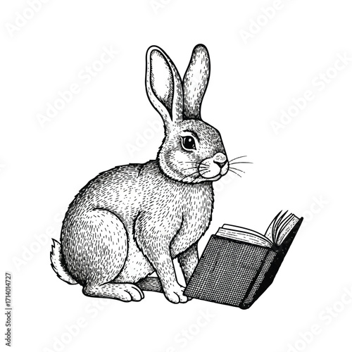 A happy, cartoonish bunny with a basket and ears, holding a book, is a cute and funny holiday illustration