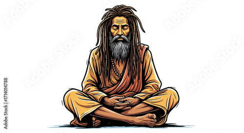Serene illustration of a traditional holy man with dreadlocks meditating peacefully in a cross-legged pose, embodying spiritual practice and inner peace