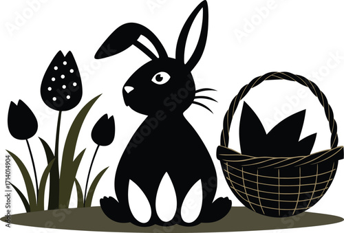 Black easter bunny sitting next to a basket and tulips