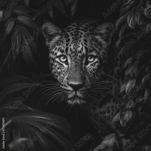A leopard in the jungle. The predator is hiding among dense foliage and is intently looking straight at the camera. Water droplets are visible on the leaves in the foreground