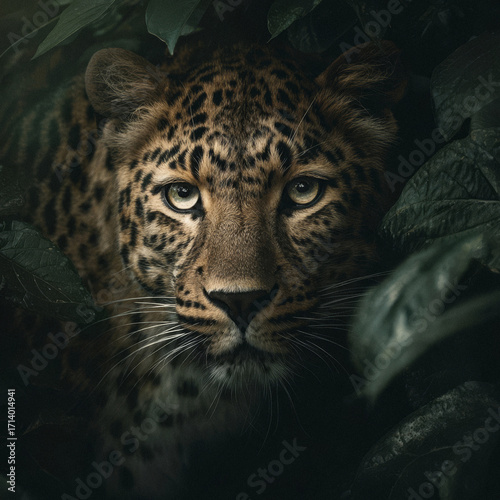 A leopard in the jungle. The predator is hiding among dense foliage and is intently looking straight at the camera. Water droplets are visible on the leaves in the foreground