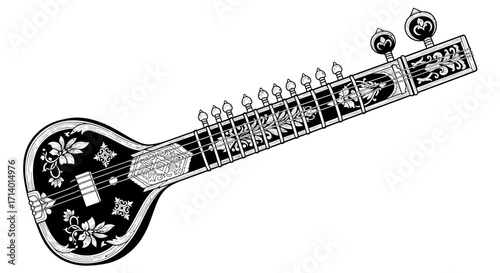 Indian Stringed Musical Instrument Illustration - Traditional Sitar Black and White