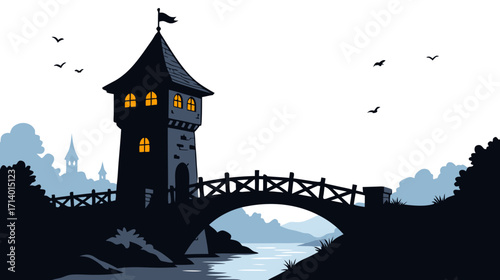 Dark silhouette of a tower with lit windows by a bridge at dusk  