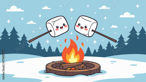 Cute marshmallows roasting over a campfire in winter forest  