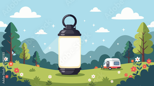 Camping lantern in scenic landscape with caravan and flowers  