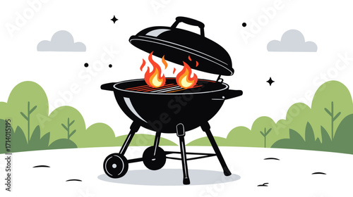 BBQ grill with flames cooking meat in outdoor setting  