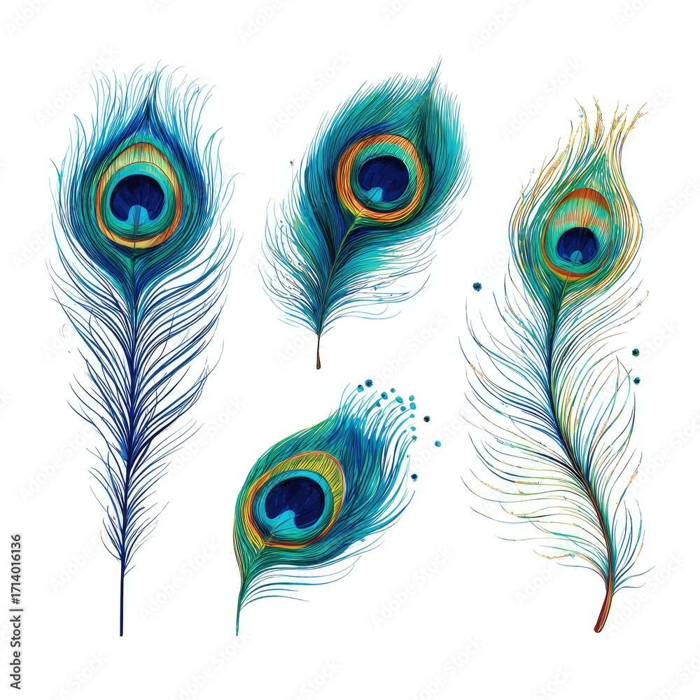 Obraz premium Four detailed peacock feathers in vibrant blues, greens, and golds
