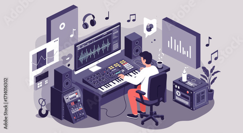 A clean flat design illustration of a music producer creating tracks in a modern studio, representing the creative heart of electronic music often highlighted at Amsterdam Dance Event. 