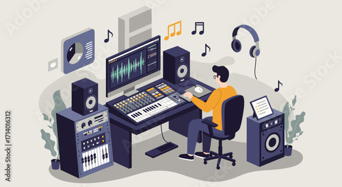 A clean flat design illustration of a music producer creating tracks in a modern studio, representing the creative heart of electronic music often highlighted at Amsterdam Dance Event. 