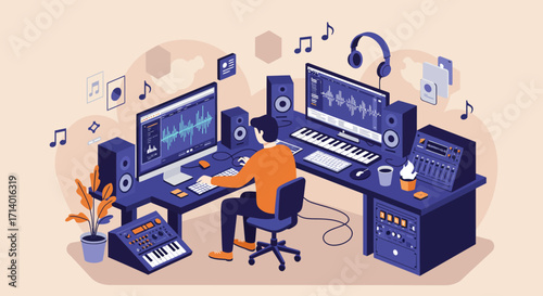 A clean flat design illustration of a music producer creating tracks in a modern studio, representing the creative heart of electronic music often highlighted at Amsterdam Dance Event. 