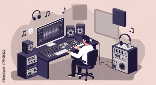 A clean flat design illustration of a music producer creating tracks in a modern studio, representing the creative heart of electronic music often highlighted at Amsterdam Dance Event. 