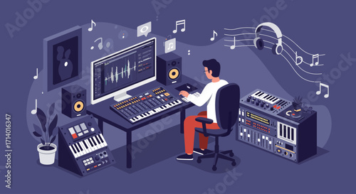 A clean flat design illustration of a music producer creating tracks in a modern studio, representing the creative heart of electronic music often highlighted at Amsterdam Dance Event. 