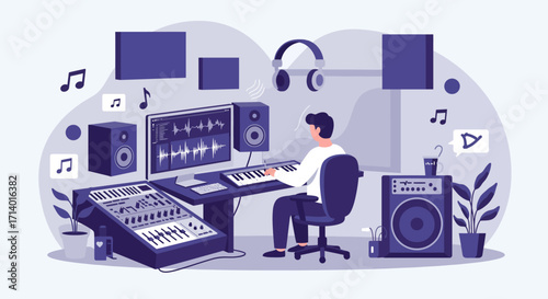 A clean flat design illustration of a music producer creating tracks in a modern studio, representing the creative heart of electronic music often highlighted at Amsterdam Dance Event. 