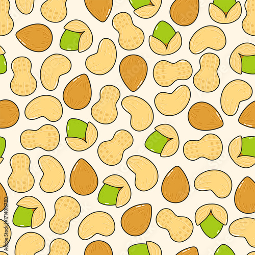 A vibrant, seamless pattern featuring a delightful assortment of nuts, including peanuts, almonds, cashews, and pistachios