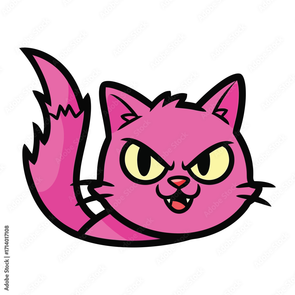 Obraz premium Pink Cat Cartoon: A vibrant cartoon illustration of a sassy pink cat with sharp eyes, capturing a playful and energetic mood.