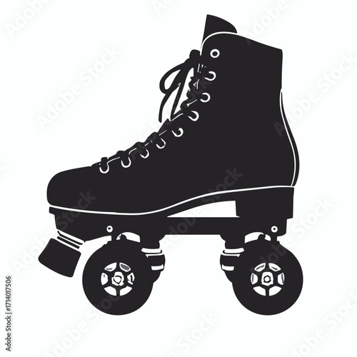 Black silhouette of a vintage roller skate with ribbon laces and star-shaped wheel cutouts, plain white background