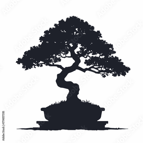 Black silhouette of a miniature bonsai tree on a shallow tray with twisted trunk, plain white background