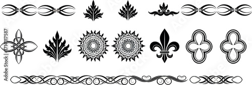 Vector art of collection of black ornamental elements and dividers
