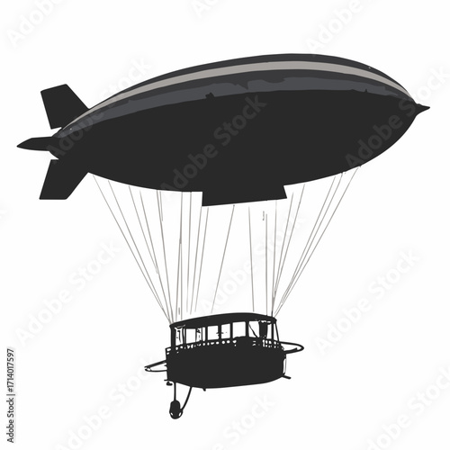 Black silhouette of a tiny dirigible with striped envelope and dangling observation gondola, plain white background