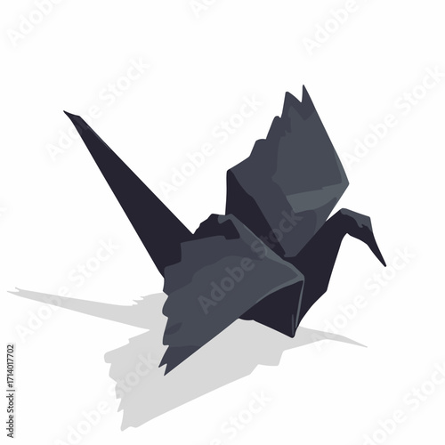 Black silhouette of an origami crane with visible fold creases and paper-corner shadow, plain white background