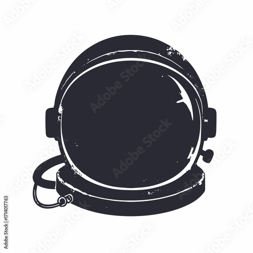 Black silhouette of a tiny astronaut helmet with reflection detail and tether loop, plain white background