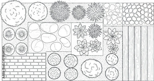 Vector art of architectural drawing of a garden layout with various elements and textures