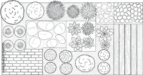 Fototapeta Vector art of architectural drawing of a garden layout with various elements and textures