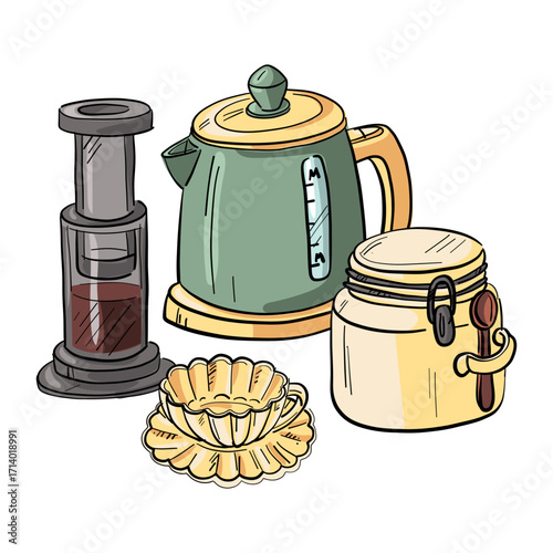 A composition of coffee-related items. A color illustration of items. An electric kettle, Aero press, jar with an airtight lid and a spoon, and a shell-shaped mug. Beverages for the home and cafes