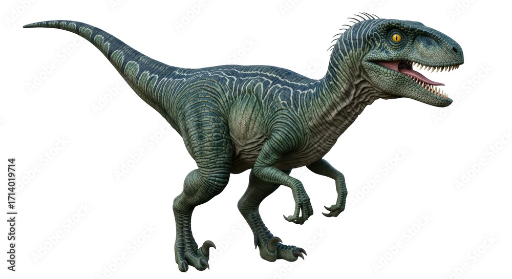 Obraz premium Isolated dinosaur raptor, ancient predator with teeth open, looking towards camera, green skin