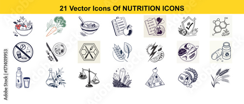Collection of 21 hand drawn vector icons representing nutrition and healthy food