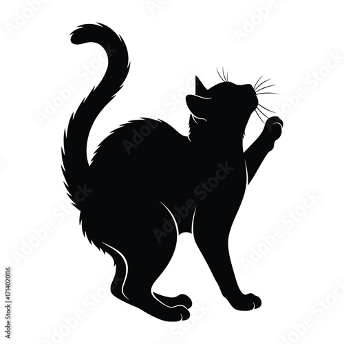 Mysterious Silhouette of a Cat: A sleek black cat, captured in a bold silhouette, gracefully arches its back, with a paw raised in a playful gesture, inviting curiosity. 