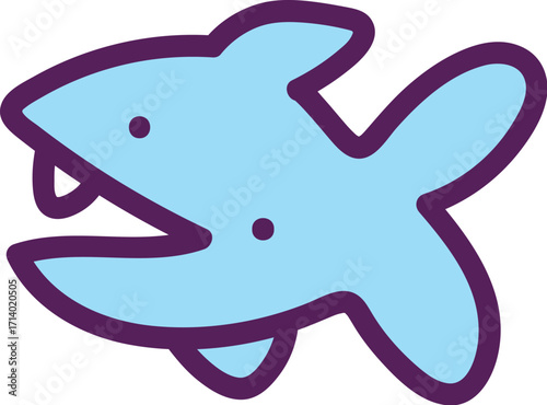 Cartoonish light blue fish illustration with dark purple outline and single tooth.