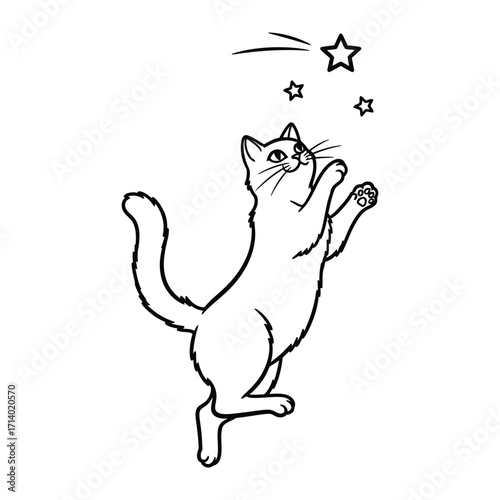 Celestial Paws: A whimsical illustration of a playful cat reaching for stars, capturing the charm of imagination.