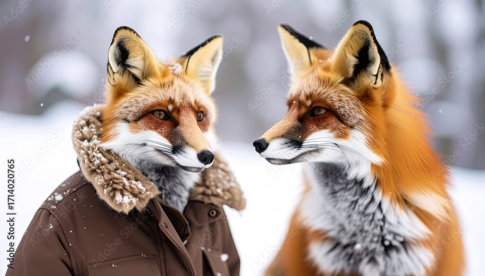 Fototapeta premium Two Red Foxes in Winter Wonderland, One in Brown Coat