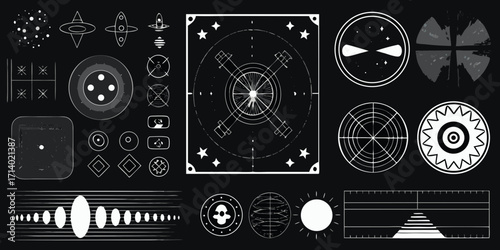 Collection of abstract geometric shapes and sci fi elements on black background