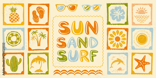 Retro summer vacation theme with sun sand surf text and beach icons in stamps
