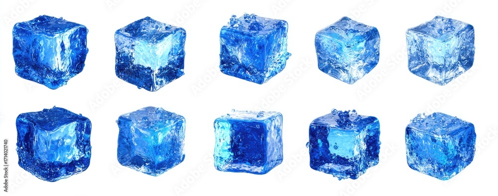 Fototapeta premium Twelve blue ice cubes, various perspectives