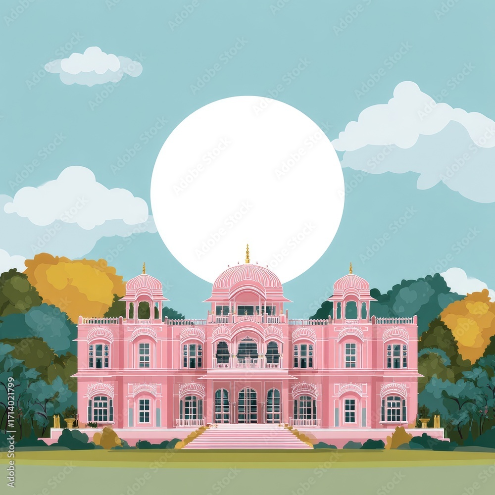 Fototapeta premium Pink palace in lush landscape