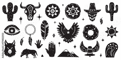 Collection of black and white western and native american inspired symbols and illustrations
