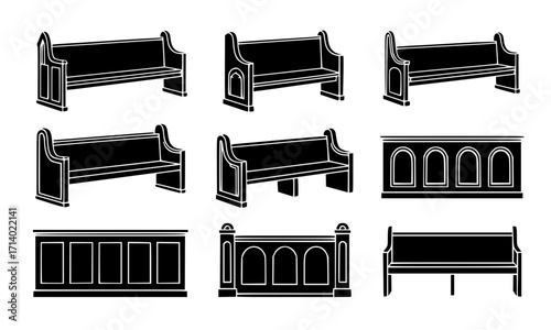 Church Pew Vector 9 Vector Set – Black Silhouette, Sharp Edges, High Contrast