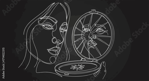 A line drawing of a woman gazing at her shattered reflection in a compact mirror, symbolizing introspection and the fragmented self
