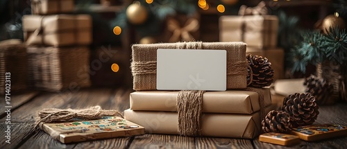 A blank white gift card rests on a stack of wrapped presents with festive holiday deco ns in the background