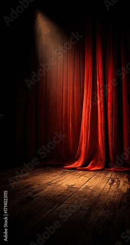 Stage spotlight on deep red curtain